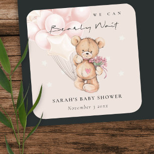 Sticker Carré Baby shower de ballon d'ours d'attente blanc mou