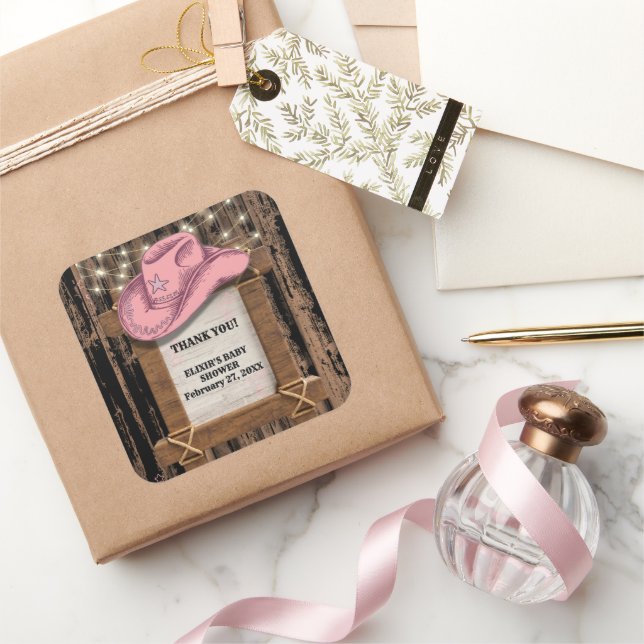 Sticker Carré Baby shower de Casquette Russe Rose Cowgirl (Cadeaux)