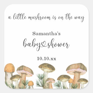 Sticker Carré Baby shower de champignons de la forêt d'aquarelle