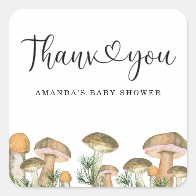Sticker Carré Baby shower de champignons forestiers merci (Devant)