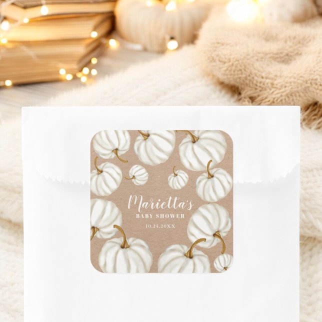 Sticker Carré Baby shower de chute blanc Little citrouille (White Little pumpkin kraft fall baby shower Square Sticker)