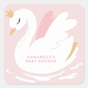 Sticker Carré Baby shower de cygne girly rose aqua mignon élégan