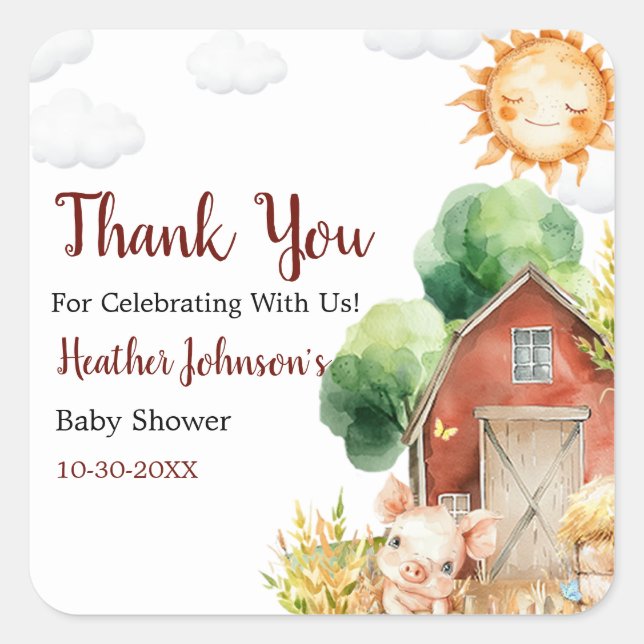 Sticker Carré Baby shower de ferme à aquarelle mignonne (Devant)