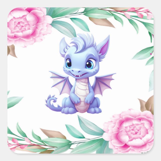 Sticker Carré Baby shower de fille de pivoine de dragon violet e (Devant)