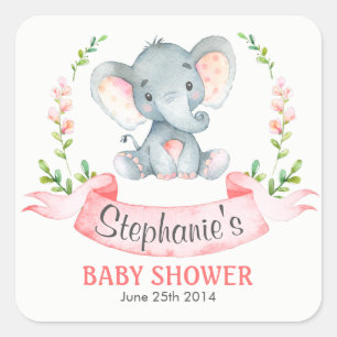 Sticker Carré Baby shower de fille Eléphant Aquarelle