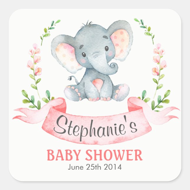 Sticker Carré Baby shower de fille Eléphant Aquarelle (Devant)