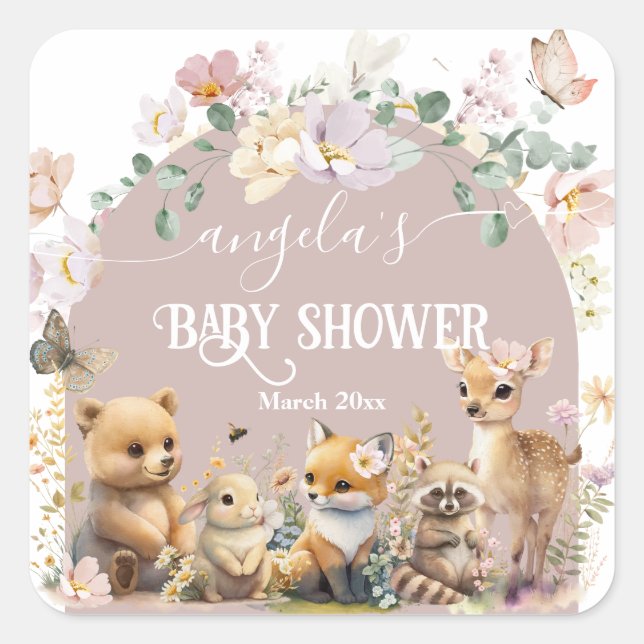 Sticker Carré Baby shower de fille fleur sauvage animal de bois (Devant)