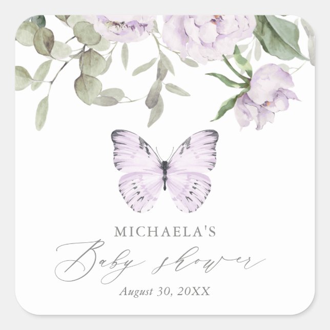 Sticker Carré Baby shower de fille papillon floral pourpre (Devant)