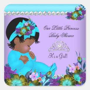 Sticker Carré Baby shower de filles afro-américaines Turquoise p