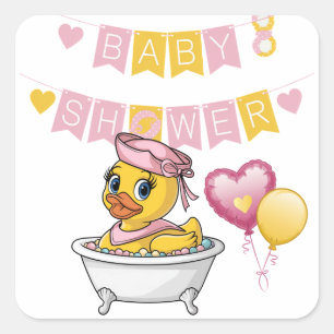 Sticker Carré Baby shower de filles en caoutchouc rose et jaune