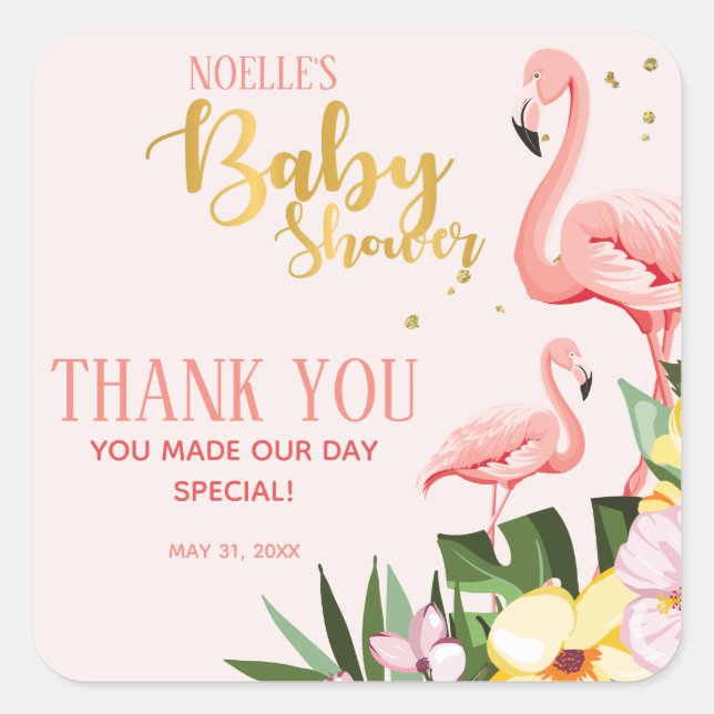 Sticker Carré Baby shower de Flamant rose Tropical Floral Gold R (Devant)