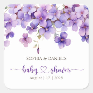 Sticker Carré Baby shower de fleurs de violet délicates au print
