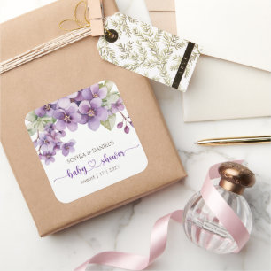 Sticker Carré Baby shower de fleurs de violet délicates au print