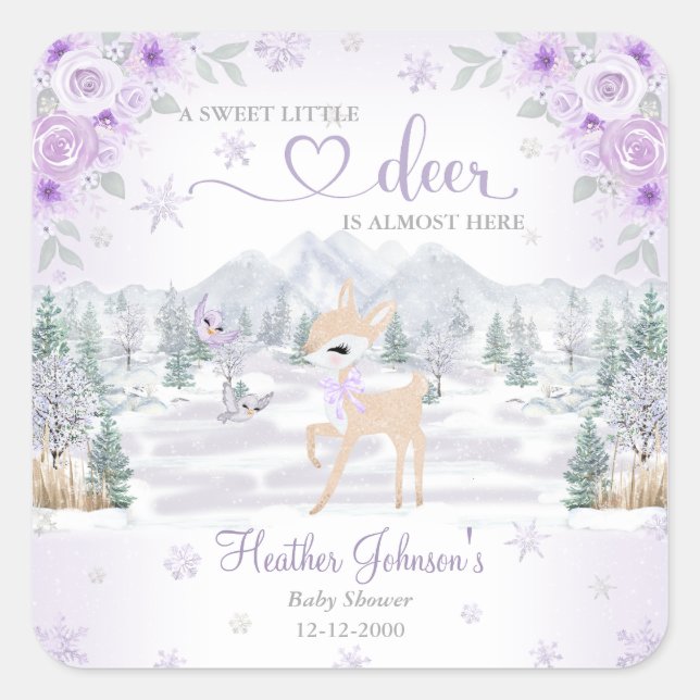 Sticker Carré Baby shower de Flocon de neige violet de cerf d'hi (Devant)