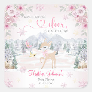 Sticker Carré Baby shower de flocon rose cerf d'hiver