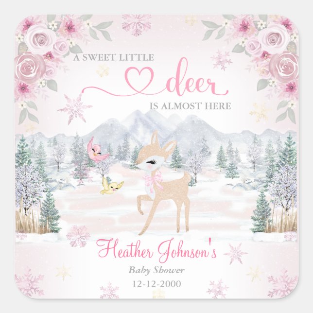 Sticker Carré Baby shower de flocon rose cerf d'hiver (Devant)