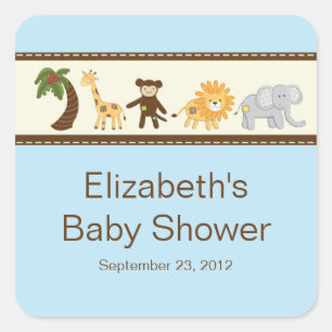 Sticker Carré Baby shower de garçon bleu d'animaux de safari de