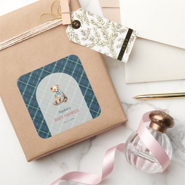 Sticker Carré Baby shower de garçon d'ours en peluche bleu marin (Cadeaux)