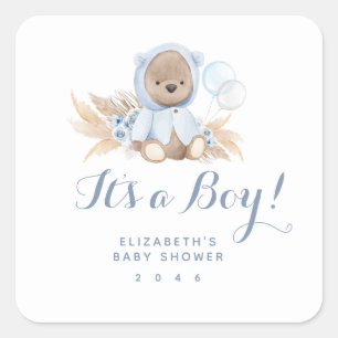 Sticker Carré Baby shower de garçon en teddy Boho bleu