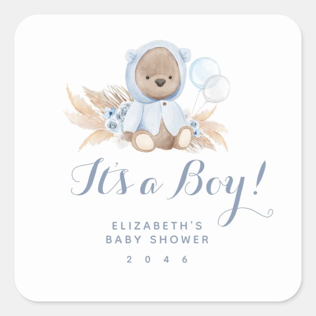 Sticker Carré Baby shower de garçon en teddy Boho bleu (Devant)