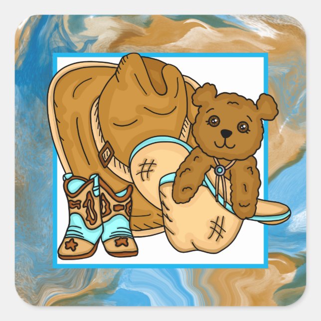 Sticker Carré Baby shower de l’ours en peluche de Cowboy Teddy B (Devant)
