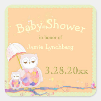 Sticker Carré Baby shower de la Chouette des bois du printemps