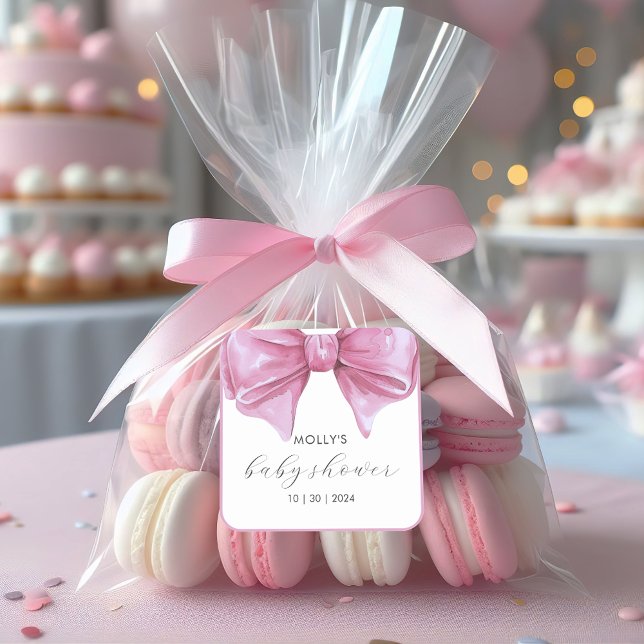 Sticker Carré Baby shower de la corbeille rose (Girly Pink Watercolor Bow Baby Shower Square Sticker)