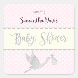 Sticker Carré Baby shower de la petite fille de la cigogne en ar