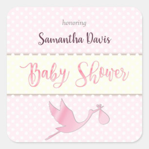 Sticker Carré Baby shower de la petite fille de la cigogne rose