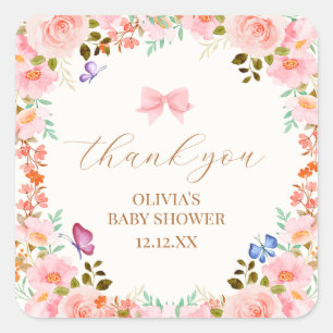 Sticker Carré Baby shower de Merci à papillon floral en fleur de