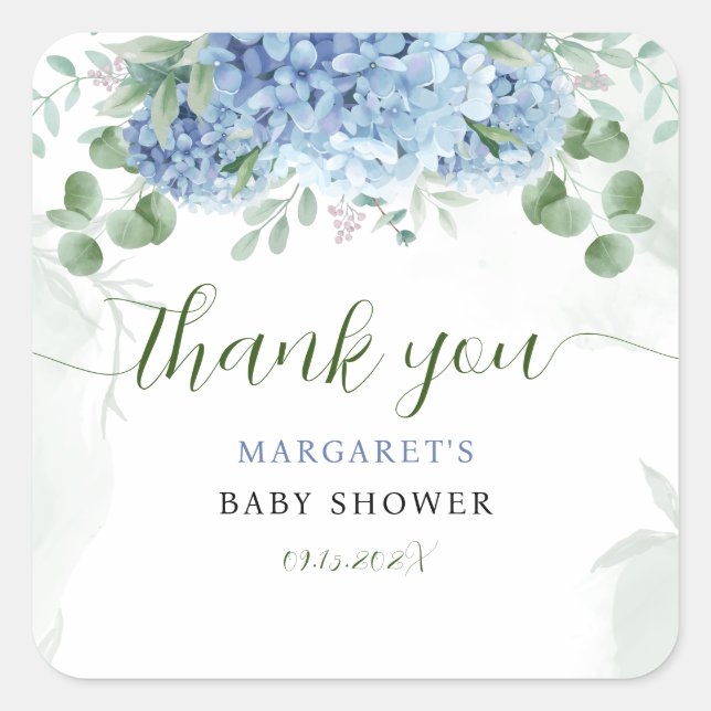 Sticker Carré Baby shower de Merci bleu hydrangea (Devant)