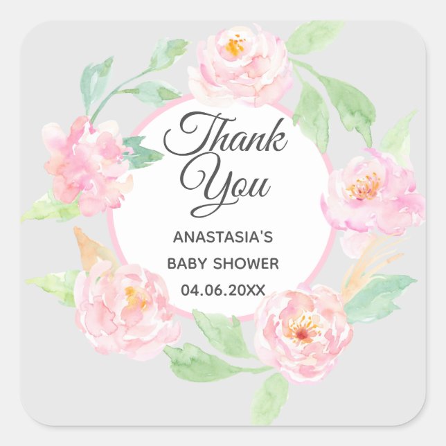 Sticker Carré Baby shower de Merci de  gris et rose (Devant)