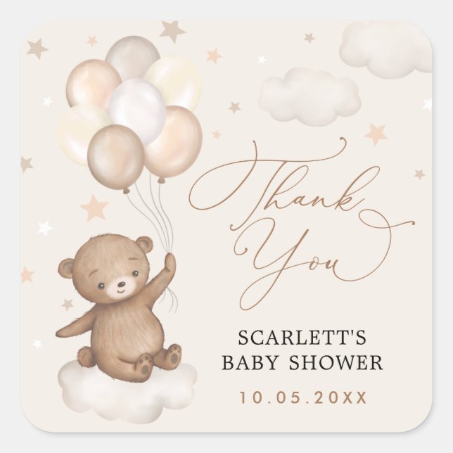 Sticker Carré Baby shower de Merci de l'ours et des ballons (Devant)