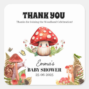 Sticker Carré Baby shower de Merci de papillon de champignons
