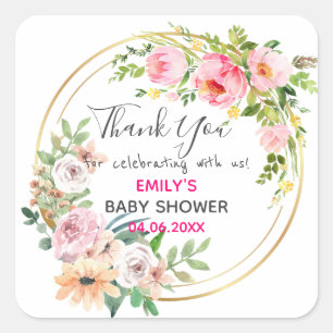 Sticker Carré Baby shower de Merci de rose fleuri