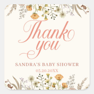 Sticker Carré Baby shower de Merci Fleur sauvage aquarelle