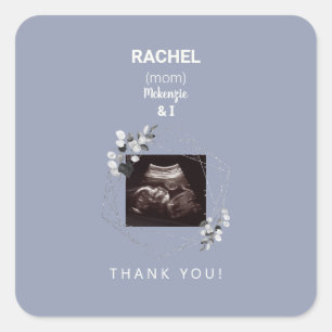 Sticker Carré Baby shower de Merci photo Dusty Blue Ultrasound