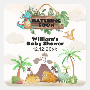 Sticker Carré Baby Shower de Naissance de Dinosaure de Volcan Tr