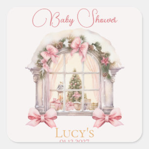 Sticker Carré Baby shower de Noël Pink Nutcracker Aquarelle