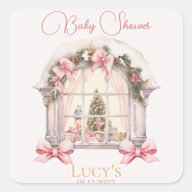 Sticker Carré Baby shower de Noël Pink Nutcracker Aquarelle (Devant)