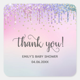 Sticker Carré Baby shower de Parties scintillant arc-en-ciel ros