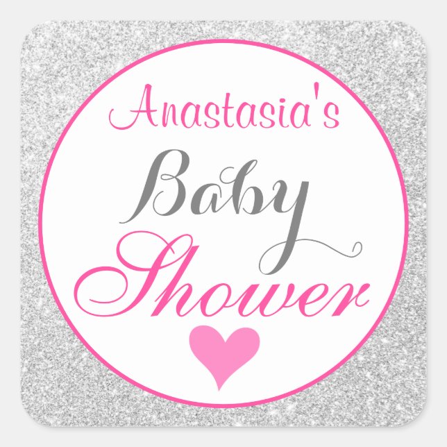 Sticker Carré Baby shower de Parties scintillant rose et argent  (Devant)