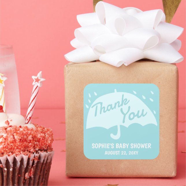 Sticker Carré Baby shower de pluie parapluie moderne Merci garço (Fête)