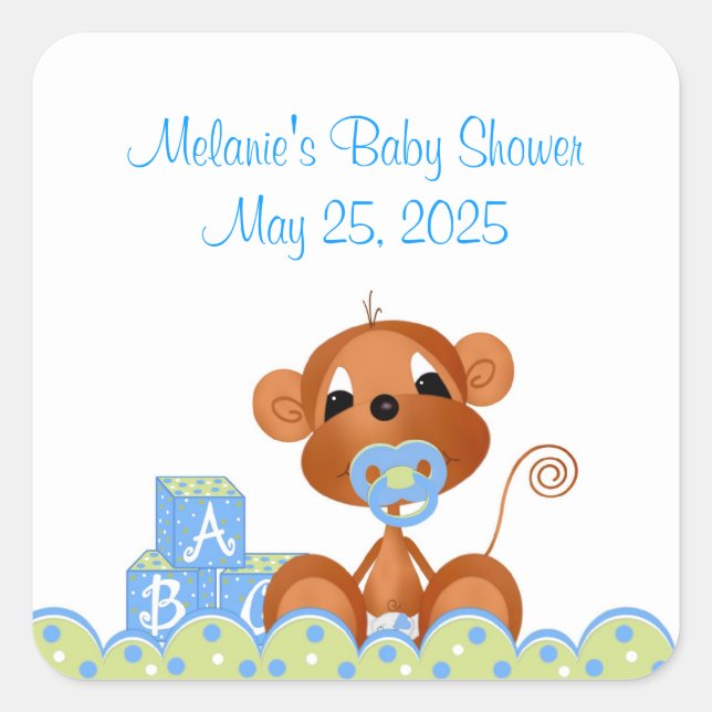Sticker Carré Baby shower de singe garçon (Devant)
