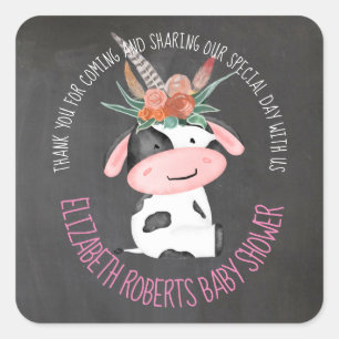Sticker Carré Baby shower de tableau noir de la vache Boho Cute