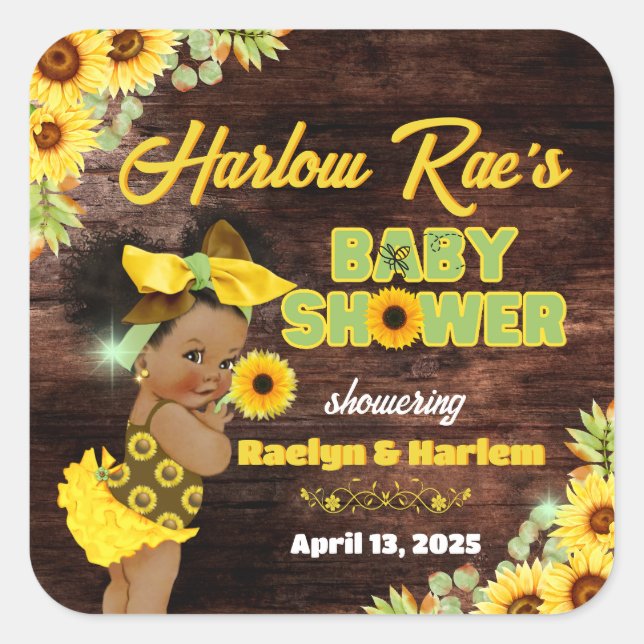 Sticker Carré Baby shower de tournesol jaune rustique bébé (Devant)