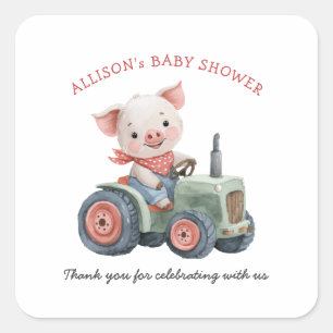 Sticker Carré Baby shower de tracteur de porc pour animaux de fe