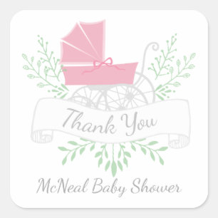 Sticker Carré baby shower de transport vintage merci rose