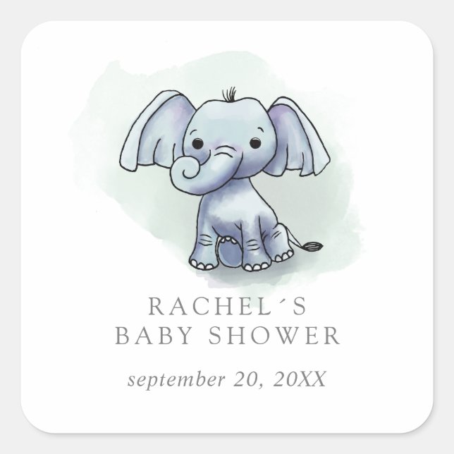 Sticker Carré Baby shower d'éléphant à l'aquarelle mignonne en f (Devant)