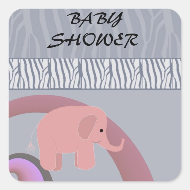 Sticker Carré Baby shower d'éléphant rose (Devant)